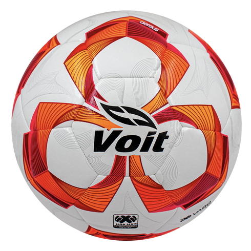 White Voit soccer ball featuring a bold orange and red geometric design, the black Voit brand name, and the Liga MX official sponsor logo.
