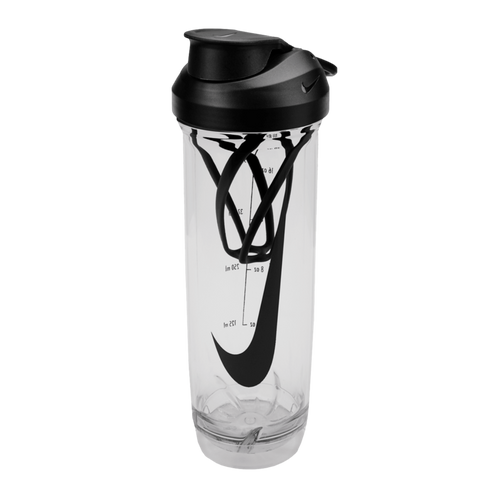 A clear Nike shaker bottle with a black lid, a large black swoosh logo, measurement markings, and a black internal mixing whisk.
