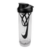 A clear Nike shaker bottle with a black lid, a large black swoosh logo, measurement markings, and a black internal mixing whisk.