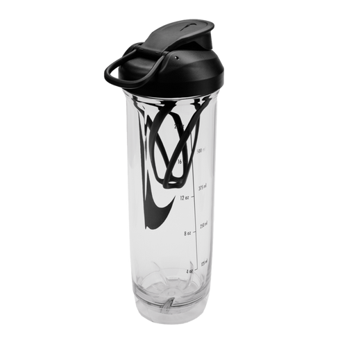 Clear Nike shaker bottle with a black lid, swoosh logo, measurement markings, and an internal mixing whisk.