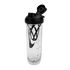 Clear Nike shaker bottle with a black flip-top lid, measurement markings, and a black internal mixing whisk, isolated against a black background.