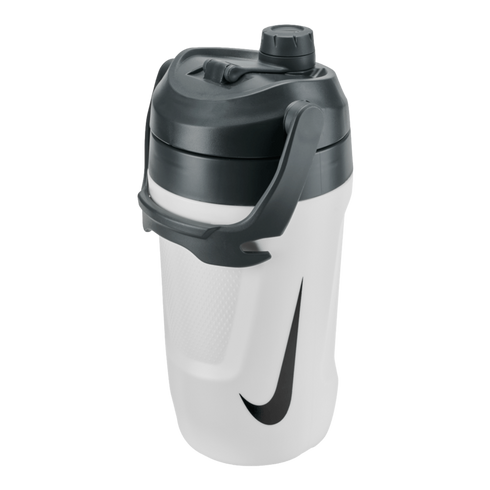 White Nike sports water jug with a black swoosh logo, lid, and integrated carry handle.