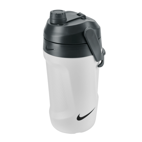 White Nike fuel jug with a dark gray lid and integrated handle, featuring black swoosh logos, isolated against a solid black background.