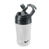 White Nike water bottle with a black lid and handle. Features a textured grip, open flip-top cap, and the Nike swoosh logo. Set against a black background.