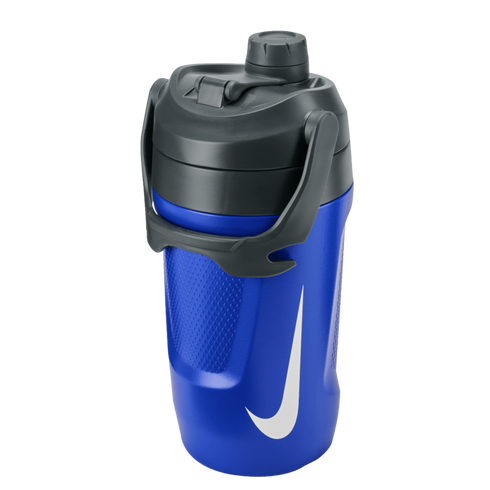 A blue and black Nike fuel jug featuring a large white swoosh, a carry handle, and a textured grip, isolated on a black background.