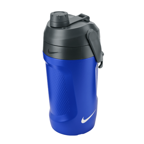 Blue and grey Nike fuel jug featuring a flip-top lid, carry handle, and the Nike swoosh logo on the base and lid collar.
