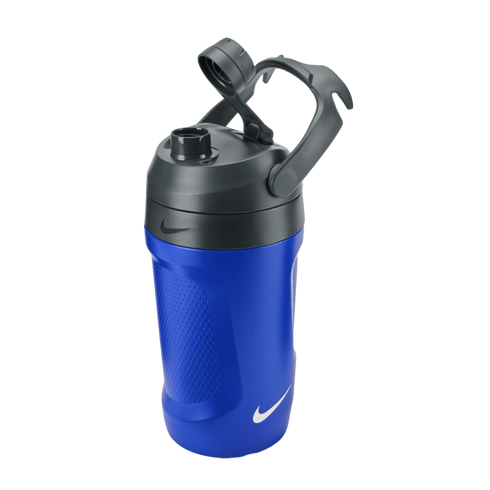 A blue and grey Nike water bottle with a flip-top lid, carry handle, and textured grip, featuring Nike swoosh logos on a black background.