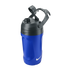 A blue and grey Nike water bottle with a flip-top lid, carry handle, and textured grip, featuring Nike swoosh logos on a black background.