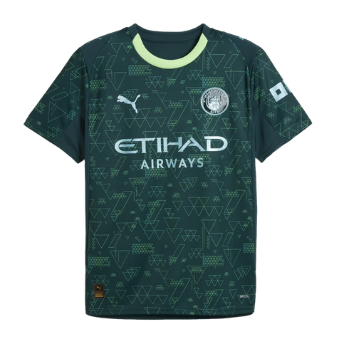 A dark green Manchester City soccer jersey with light green geometric patterns, a light green collar, and silver-toned club crest, Puma logo, and Etihad Airways sponsor.