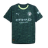 A dark green Manchester City soccer jersey with light green geometric patterns, a light green collar, and silver-toned club crest, Puma logo, and Etihad Airways sponsor.