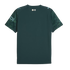 The back of a dark teal Manchester City soccer jersey featuring geometric patterned sleeves and light blue Puma logos on the shoulders.