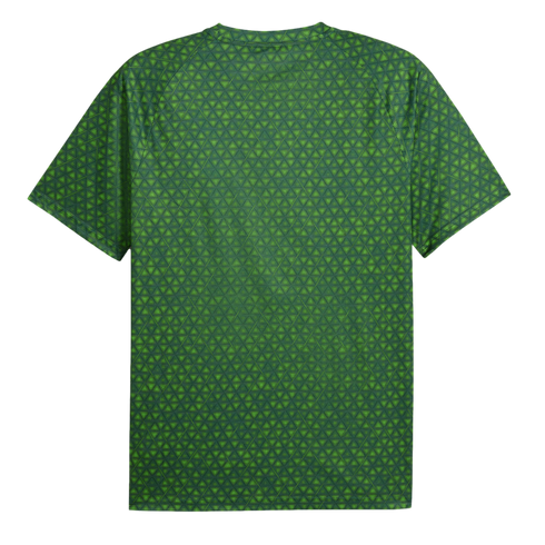 A green short-sleeved t-shirt featuring an intricate, all-over geometric pattern of small triangles in various shades of green.