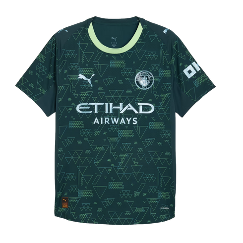 Dark green Manchester City soccer jersey with a geometric triangle pattern, silver club crest, Puma logo, and Etihad Airways sponsor. Features a pale green collar.
