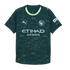 Dark green Manchester City soccer jersey with a geometric triangle pattern, silver club crest, Puma logo, and Etihad Airways sponsor. Features a pale green collar.