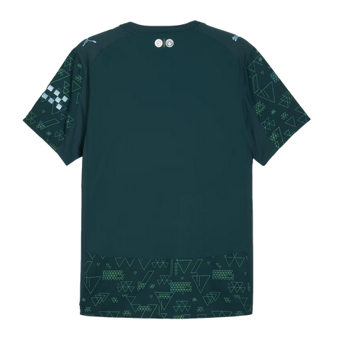 Back of a dark teal sports jersey featuring light green geometric patterns on the sleeves and bottom. Includes small logos at the neck and light blue Puma logos on the shoulders.