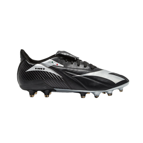 Black and silver Diadora soccer cleat featuring a carbon fiber textured heel, silver metallic accents, and a small Italian flag detail, set against a solid black background.
