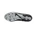 Bottom view of a soccer cleat's metallic silver and black soleplate, featuring a variety of studs for traction.