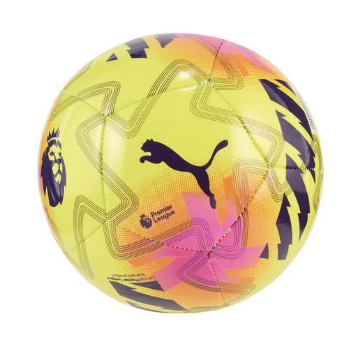 Bright yellow Puma Premier League soccer ball featuring pink and purple graphic patterns, the Puma leaping cat logo, and the Premier League lion emblem.