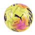 Bright yellow Puma Premier League soccer ball featuring pink and purple graphic patterns, the Puma leaping cat logo, and the Premier League lion emblem.