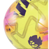 Close-up of a bright yellow PUMA Premier League soccer ball featuring purple and pink geometric patterns and the league's lion logo.