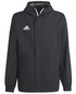 Black hooded Adidas windbreaker jacket with a white logo on the left chest, hidden zipper, and elastic cuffs.