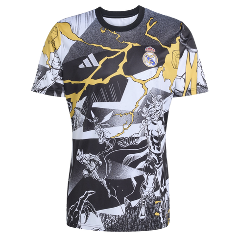 Real Madrid x Marvel Adidas jersey featuring black, white, and yellow comic-style graphics of Thor and Avengers with stylized lightning bolts.