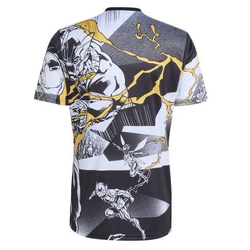 Back of a graphic t-shirt featuring black, white, and yellow comic book-style art of Black Panther, Ant-Man, and the Wasp, accented by yellow lightning bolts.