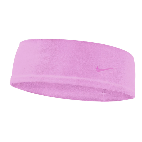 A light pink Nike fleece headband with a matching swoosh logo, isolated against a solid black background.