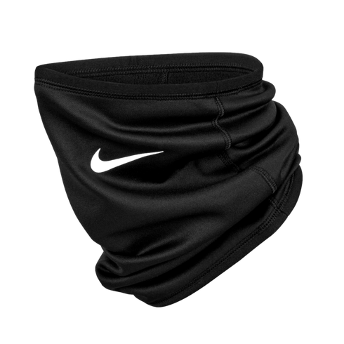 Black Nike neck gaiter with a black swoosh logo, shown bunched up against a black background.