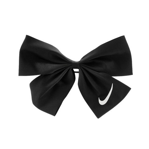 A black ribbon bow featuring a white Nike swoosh logo on the bottom right side, isolated against a solid black background.