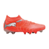 A bright orange Puma soccer cleat with a silver leaping cat logo, shown from the side against a black background.