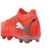 Vibrant orange Puma soccer boot with a silver logo and clear studs, shown from a rear side angle on a black background.