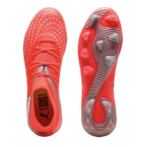 Top and bottom views of a bright orange Puma soccer cleat against a black background, showcasing the textured upper and stud pattern.