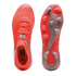 Top and bottom views of a bright orange Puma soccer cleat against a black background, showcasing the textured upper and stud pattern.