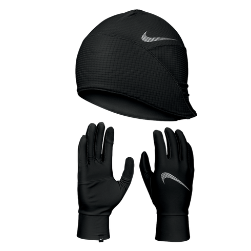 Black Nike running beanie and matching gloves with reflective swoosh logos, displayed against a solid black background.