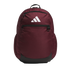 A maroon Adidas backpack with a white logo, black reinforced base, and two front zippered pockets on a black background.