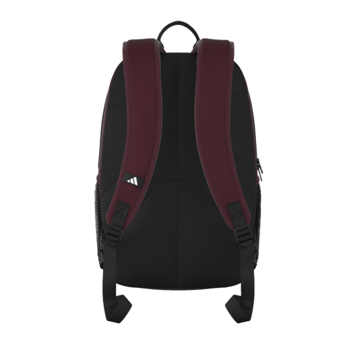 The back view of a black Adidas backpack featuring dark red shoulder straps, a top handle, and a small white Adidas logo on the left strap.