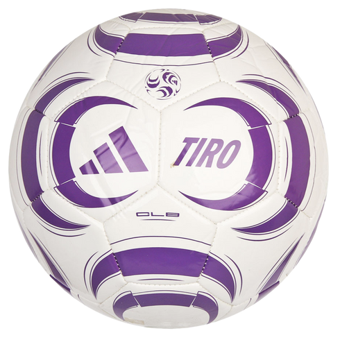 White Adidas Tiro CLB soccer ball featuring purple curved graphic accents and the brand logo.