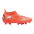 Side profile of a bright orange Puma soccer cleat with a white logo on the heel, textured upper, and studded sole against a black background.