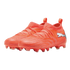 A pair of bright orange Puma soccer cleats featuring a silver logo, textured upper, and integrated sock-like collar, shown against a solid black background.