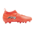 Side view of a bright orange mid-cut soccer cleat with a black and white "GTR" logo on the side and a textured upper, set against a solid black background.