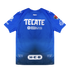 Back of a blue Rayados soccer jersey with white sponsor logos for TECATE, OXXO GAS, and H-E-B. The fabric features a blue gradient that fades to dark at the hem.