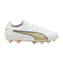 White Puma soccer cleat with a gold and black Formstrip and gold-studded soleplate, shown from a side profile.
