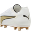 A white Puma soccer cleat featuring a metallic gold soleplate with clear studs, a black leaping cat logo on the heel, and gold and black accents on the side.