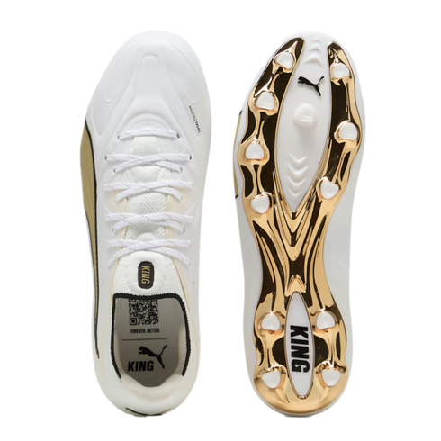 Top and bottom views of a white Puma King soccer cleat, featuring white laces and a metallic gold-plated sole with conical studs.
