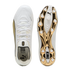 Top and bottom views of a white Puma King soccer cleat, featuring white laces and a metallic gold-plated sole with conical studs.