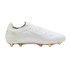 Side profile of a white PUMA soccer cleat with a metallic gold soleplate and studs, set against a solid black background.