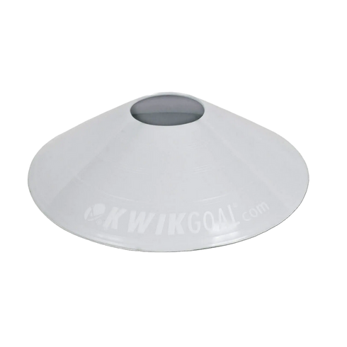 A white Kwik Goal brand saucer cone for sports training, shown against a solid black background.