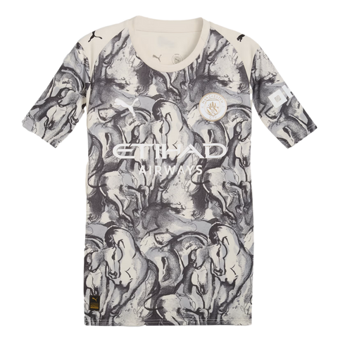 Manchester City special edition soccer jersey by Puma featuring a cream base with a grey and black abstract horse print, white sponsor logo, and gold team crest.