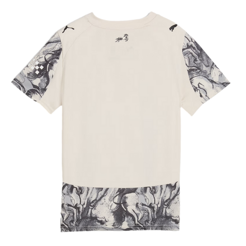 Back view of an off-white Puma short-sleeved t-shirt with black and grey horse graphics on the sleeves and bottom hem.